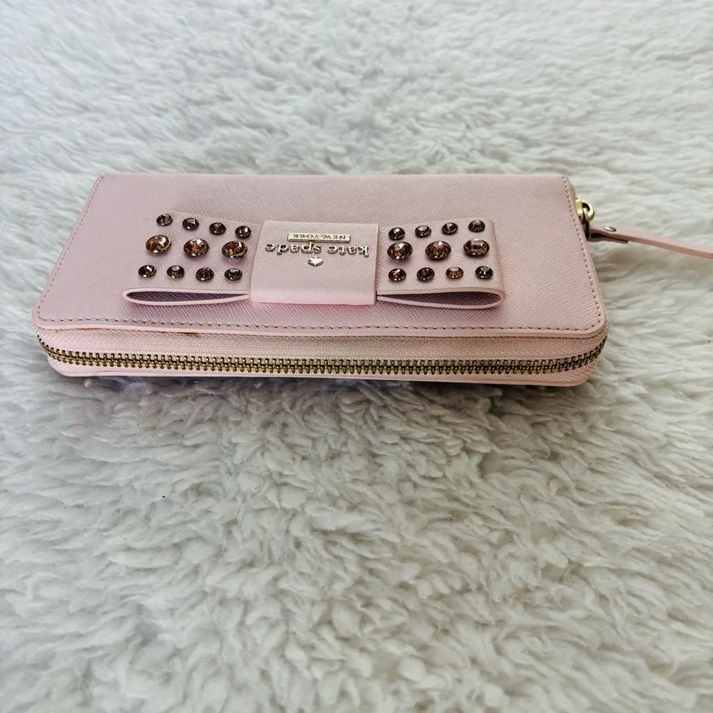 Kate Spade Pink Leather w/ Bow w/ Rhinestone zip around Long Wallet